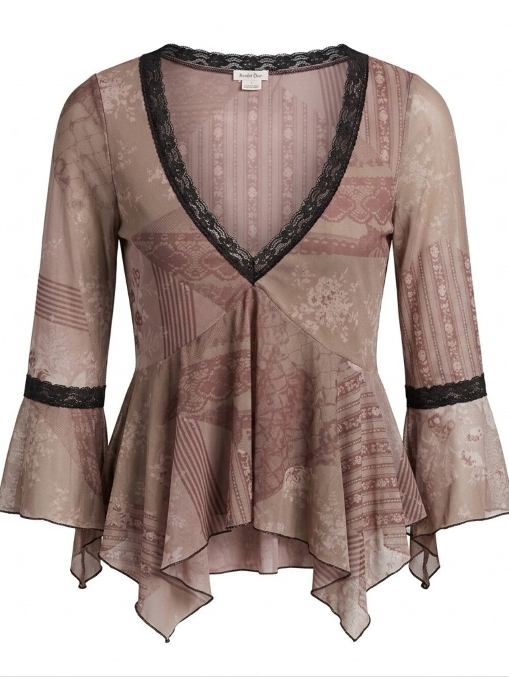 Kimchi Blue Sybil Witchy Mesh Top Sz.L Pink Floral Asymmetrical Hem Bell Sleeves